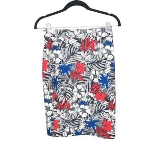 Women’s Tropical Floral Pencil Skirt • Red Blue Black White Print